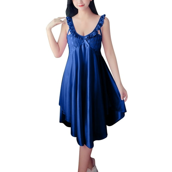 MGDXOX Nightgowns for Women Sleeveless Lace Nightwear V Neck Sleepwear Casual Loose Ruffle Flowy Midi Long Loungewear Blue Free Size