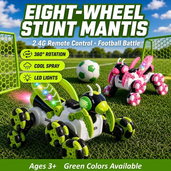 TOYTOY Eight-Wheel Stunt Mantis RC Car, 2.4GHz Remote Control Toy with Spray, LED Lights & Music, 360° Rotating & Side Drift Stunt Vehicle, All-Terrain Off-Road Toy Car Gift for Kids Boys Girls 3