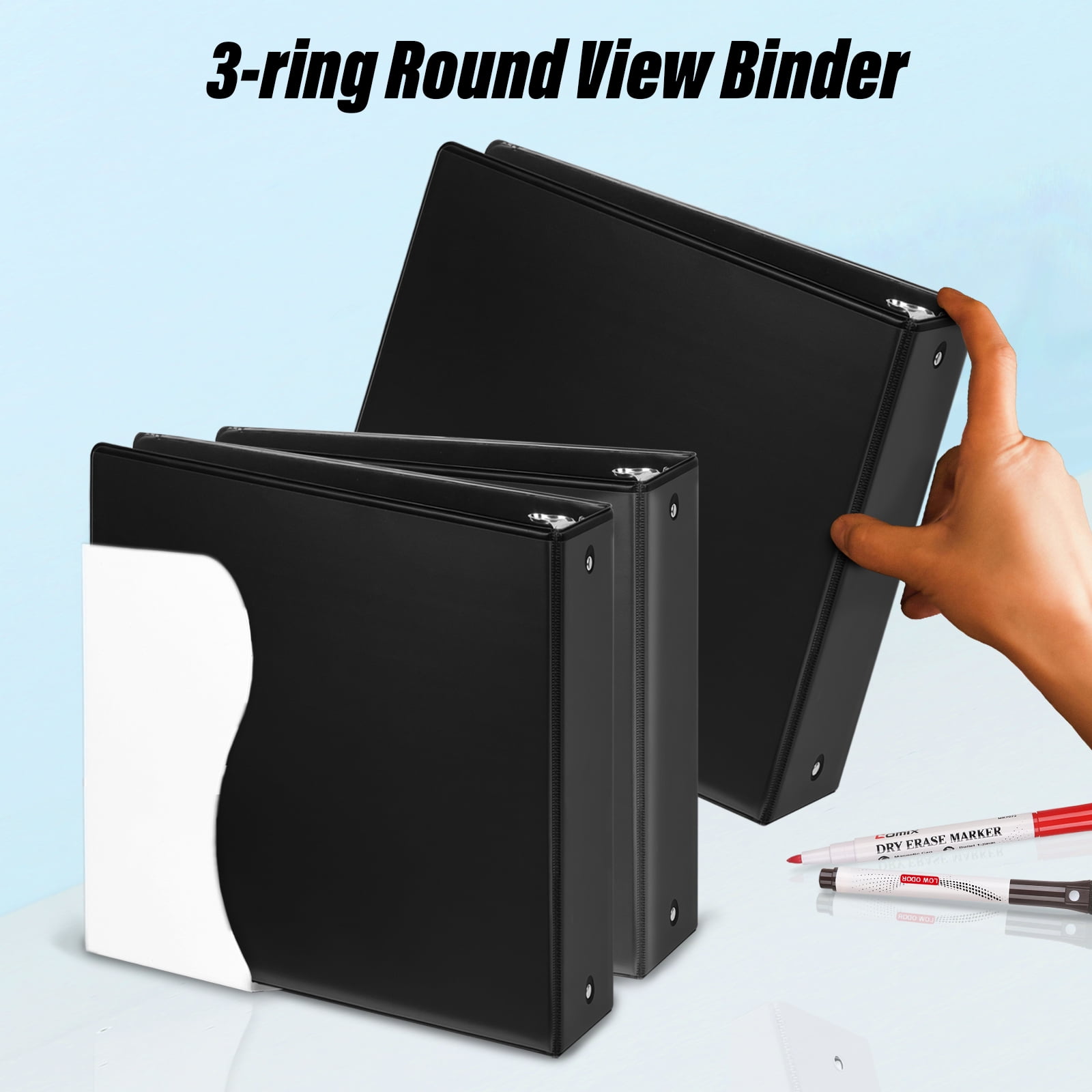 Comix Premium 3-inch Round Ring Binders, 3-Ring with Clear Cover, Holds 600 Sheets, 10 Pack Black