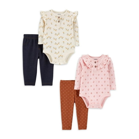 Carter's Child of Mine Baby Girl Long Sleeve Bodysuit and Pant Outfit Set, 2-Pack, Sizes 0-24M