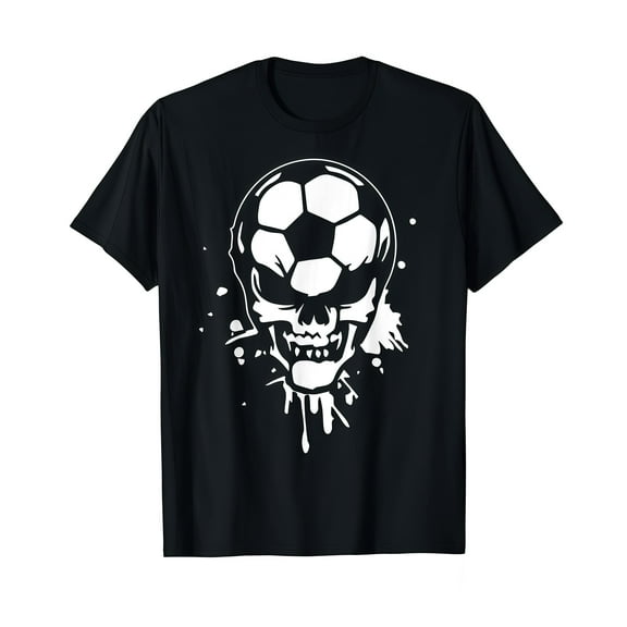 Soccer Skull Graphic Tee Splatter Design Football T-Shirt Humorous Cotton Casual Crewneck Top Black S-5XL