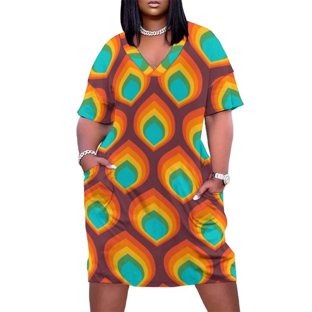 Vestido playero holgado con bolsillos, diseño geométrico degradado retro 824 para mujer