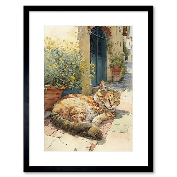 Cat Sunbathing in Mediterranean Village Street Watercolour Illustration Artwork Framed Wall Art Print 9X7 Inch