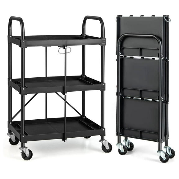 Folding Utility Cart with Wheels - Heavy Duty 3 Tier Metal Rolling Cart, Collapsible Tool Cart for Garage, Home, Office - Universal Wheels & Compartments Black