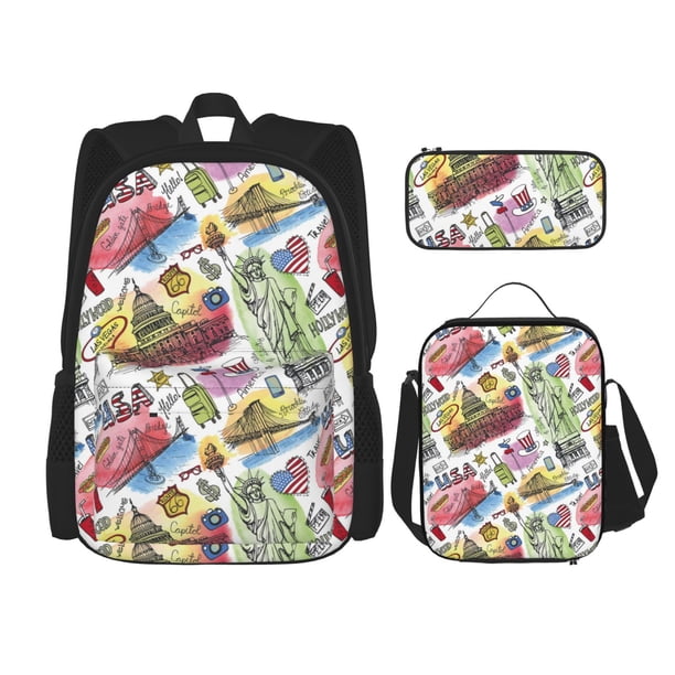 Disketp America Landmarks1 Mochila Estampada de Gran Capacidad con Lonchera y Estuche, Set de 3 Piezas para Estudiantes