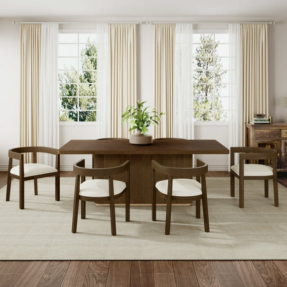 Christopher Knight Home 7-Piece Dining Set, 84" Walnut Rectangular Table with 6 Beige Upholstered Arm Chairs
