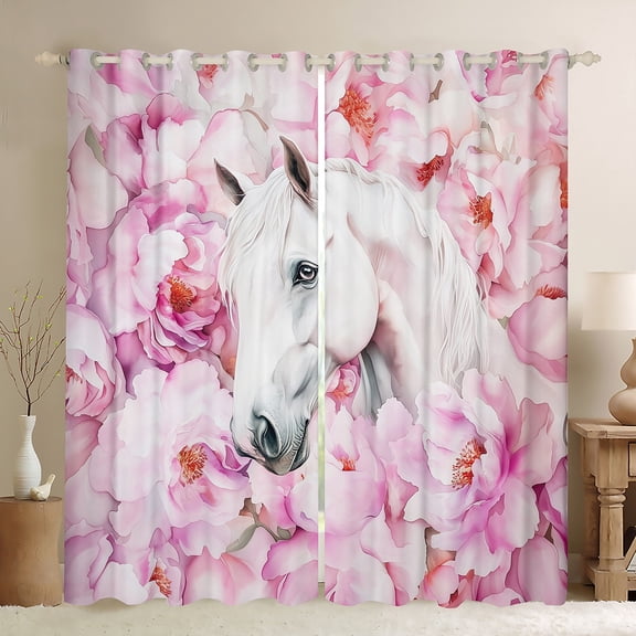 Homewish Western Horse Black Out Curtains for Teens Boys Girls,Farmhouse Animal Curtains Pack of 2 (42x63 Each),Chic Pink Flowers Bedroom Curtains,Breathable Home Decor