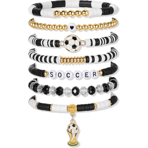 YanonmyfdWorld Soccer Game-day Cup Bracelet Stack Set 7pcs Softball/Baseball/Basketball/Soccer/Volleyball/Tennis/Football Stretch Sports Fans Jewelry Sports Beaded Bracelets with Charms,A-Soccer2
