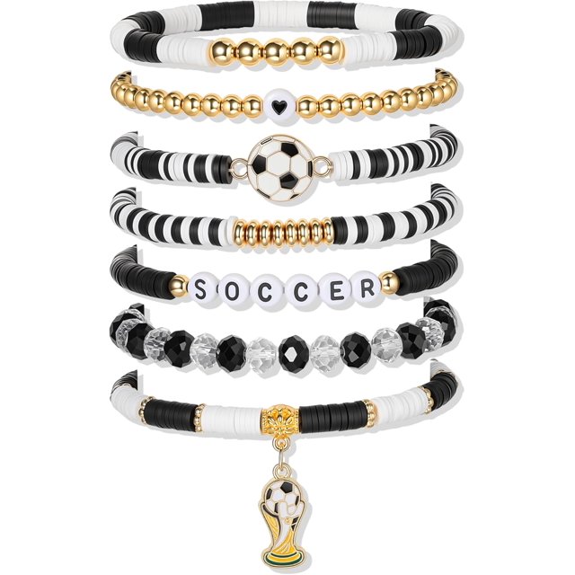YanonmyfdWorld Soccer Game-day Cup Bracelet Stack Set 7pcs Softball/Baseball/Basketball/Soccer/Volleyball/Tennis/Football Stretch Sports Fans Jewelry Sports Beaded Bracelets with Charms,A-Soccer2