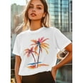 thumbnail image 5 of Women's T-Shirt Orange Summer Palm Trees Beach Short Sleeve Casual Tee Classic Crew Neck T Shirt for Women White, L, 5 of 7