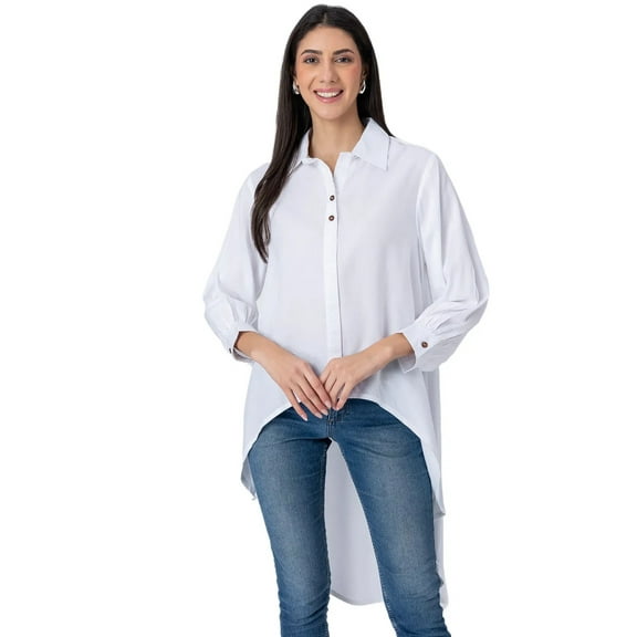 Moomaya Solid Asymmetrical Long Shirt Top, Long Sleeve Classic Collar Casual Cotton Top