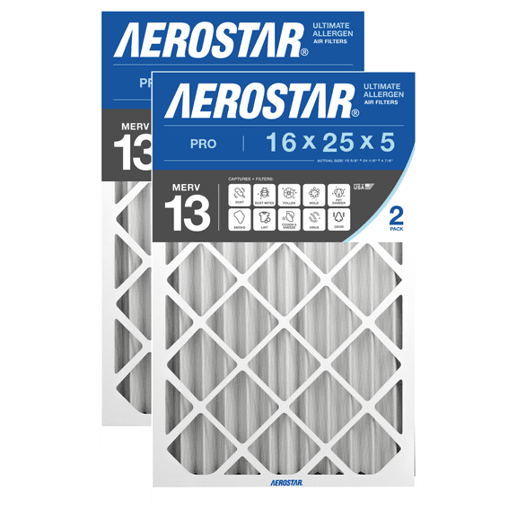 Aerostar 16x25x5 MERV 13 AC Furnace Air Filter, Pleated HVAC Filter, MPR 1900 FPR 10, Allergen Defense, 2-Pack, Made in USA