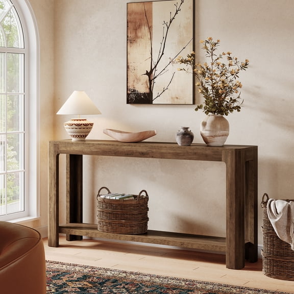 Finmind 63" Farmhouse Console Table, Narrow Entryway Sofa Table with 2-Tier Storage, Behind Couch for Living Room, Hallway, Rustic Brown
