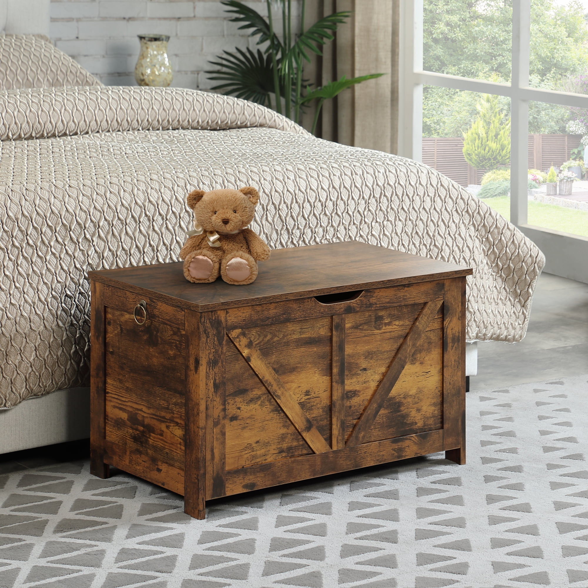29.5" Storage Ottoman Bench,Storage Chest,Wooden Toy Box Organizer,Entryway Storage Bench with Safety Hinge for Entryway, Bedroom, Living Room,Rustic Brown