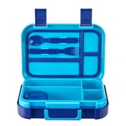 Your Zone Plastic Bento Box with 4 Compartments, 1 Fork, 1 Spoon, 1 Dressing Container, Blue