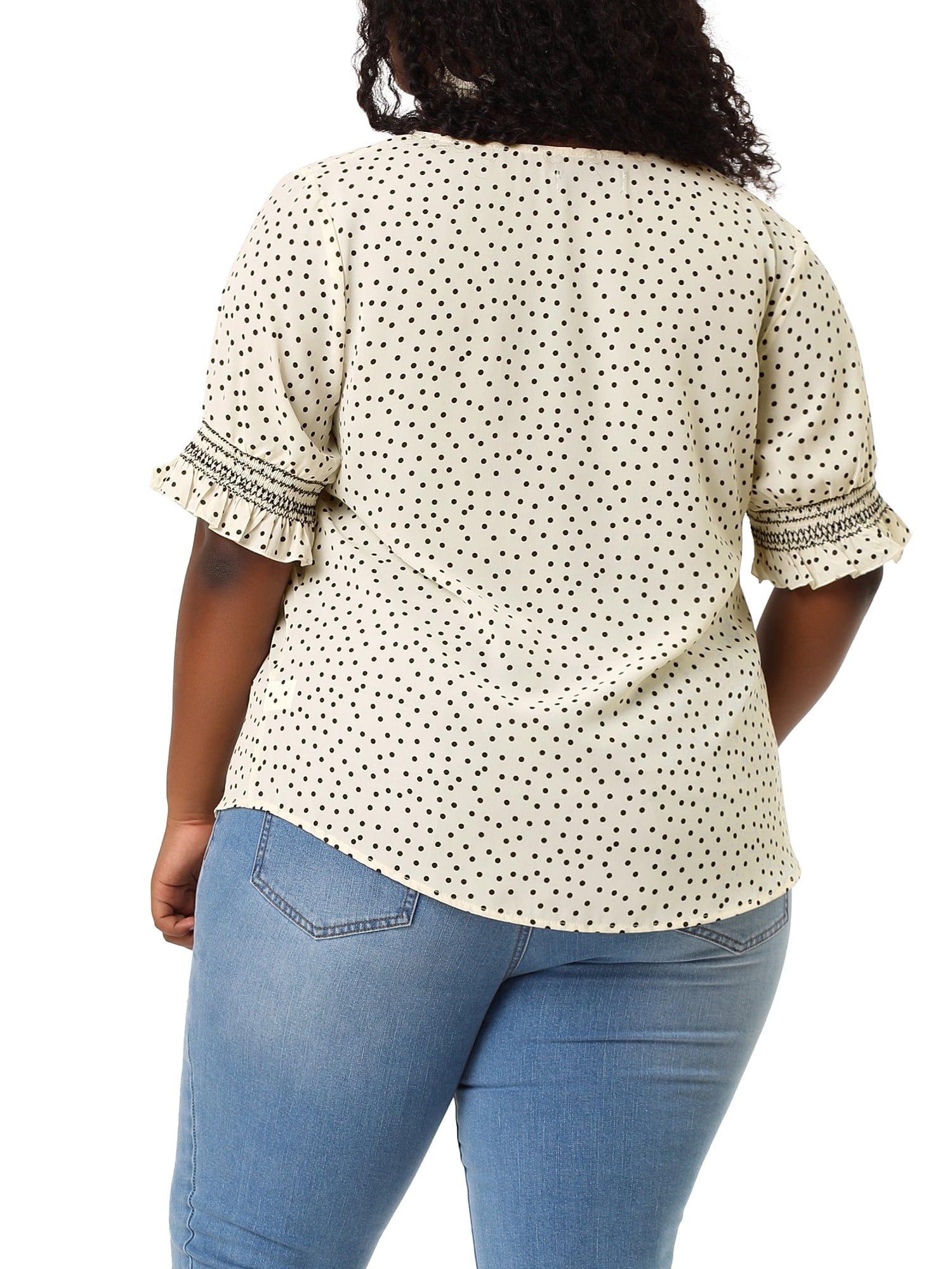 Unique Bargains Women's Plus Size Dots Heart Smocked Short Sleeve Blouse 3X White