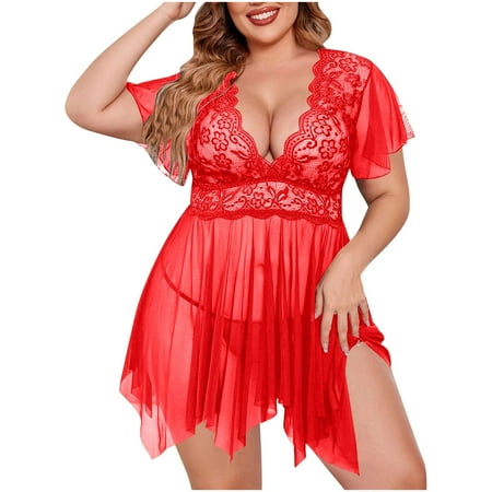 Tnhcen 2 Piece Pajamas Set Plus Size Nightdress Women s Lingerie Set Black Sleep Dress with Thongs Set and Lace Sheer Mesh Bralettes