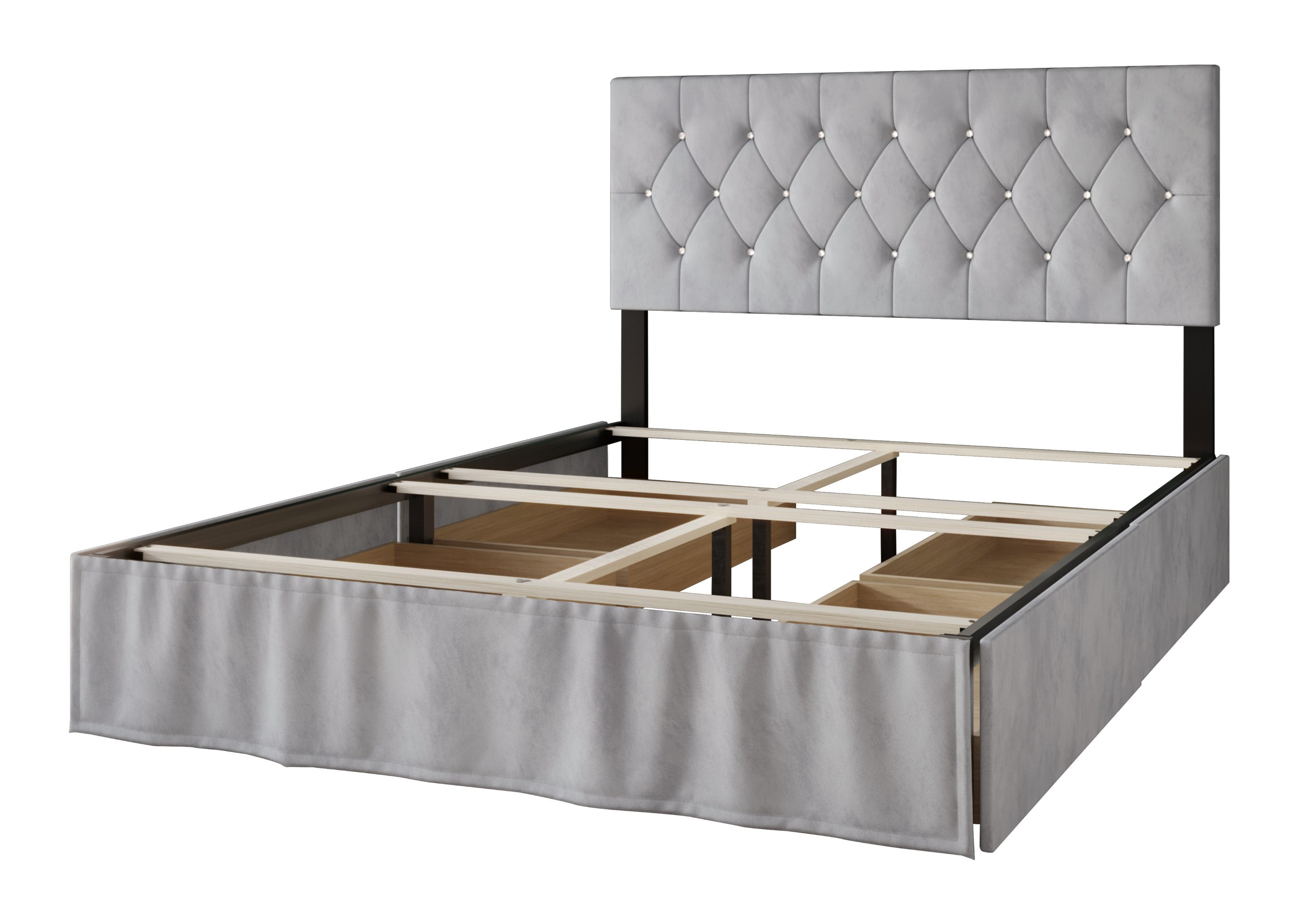 Home Design Jovita Queen Tufted Upholstered Storage Panel Bed Frame with Diamond Button Tufting and Four Drawers, Silver Gray, Easy Assembly