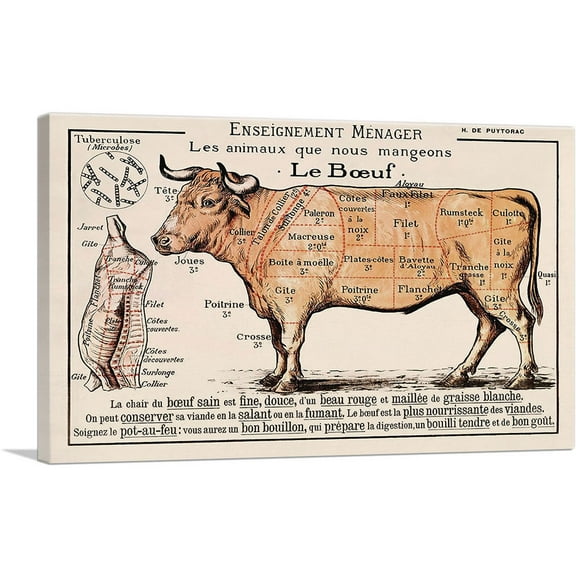 ARTCANVAS Le Boeuf Cuts of Meat Vintage Kitchen Poster Canvas Art Print - Size: 40" x 26" (0.75" Deep)