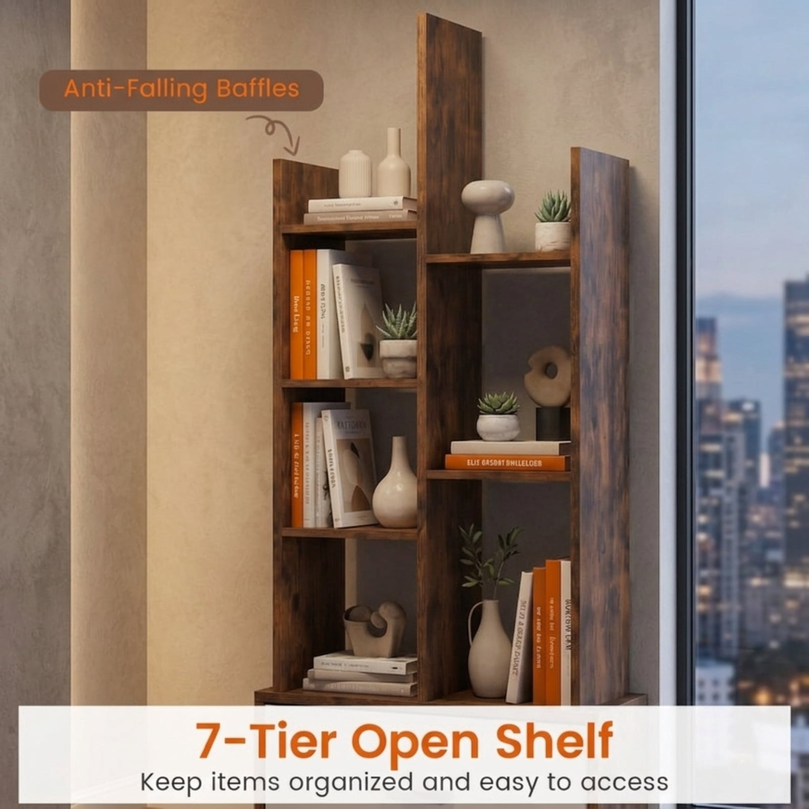 Furnibear 7-Tier Open-Back Tall Bookshelf with Fabric Drawer and Anti-Toppling Kits Freestanding Wood Storage for Home Office, Rustic Brown