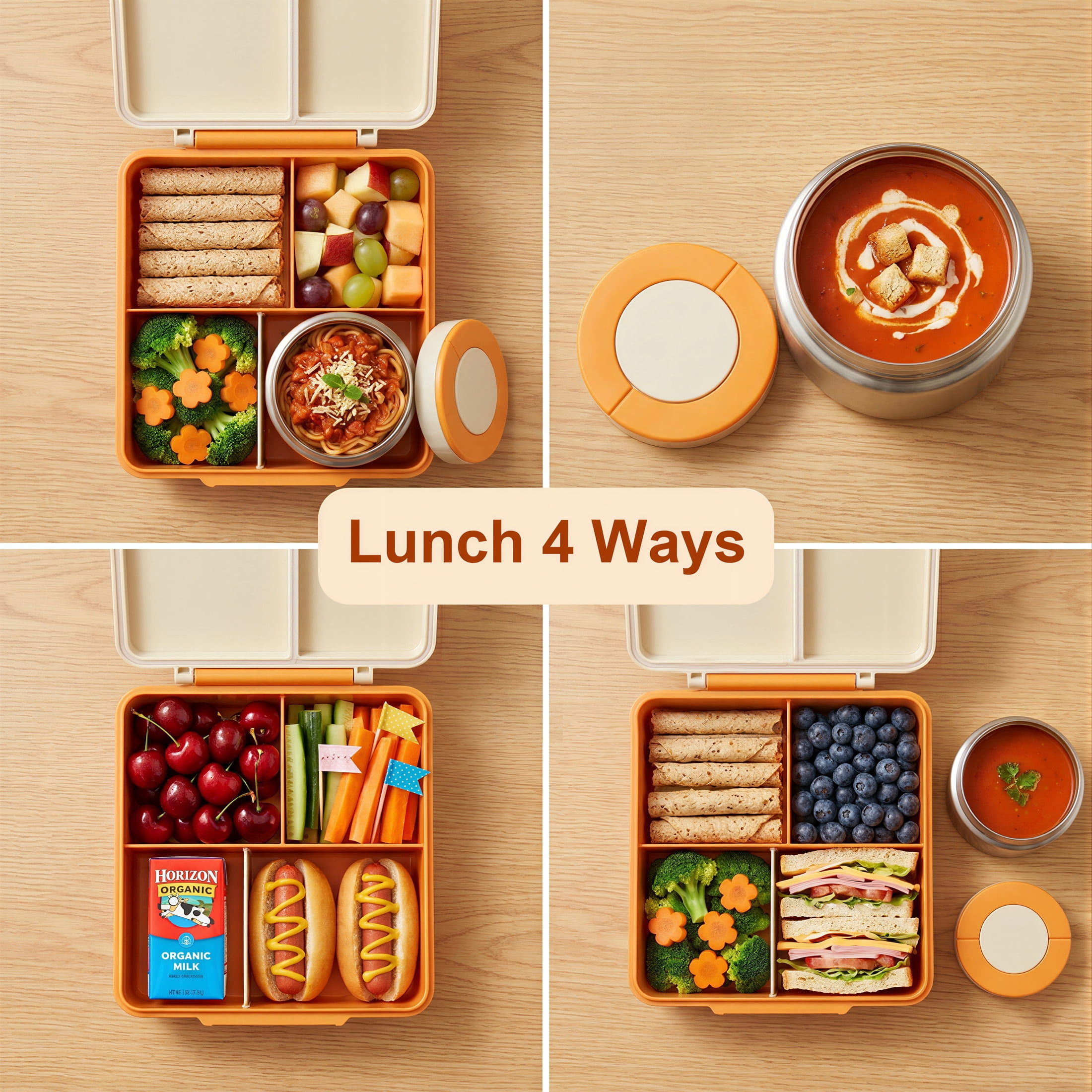 M Buder 1700ML Bento Box for Kids, Leak-Proof Child Lunch Box with 3 or 4 Compartments, 350 ml Insulated Food Jar, Fork, Spoon, Orange