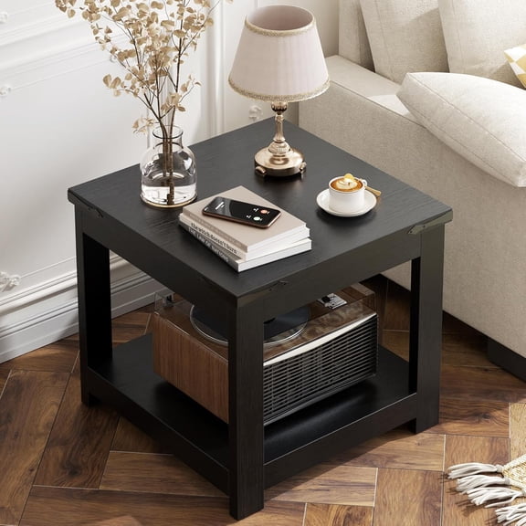 End Table Square End Table, Wood Side Table with Storage Shelf, Industrial Accent Bedside Table for Living Room, Bedroom