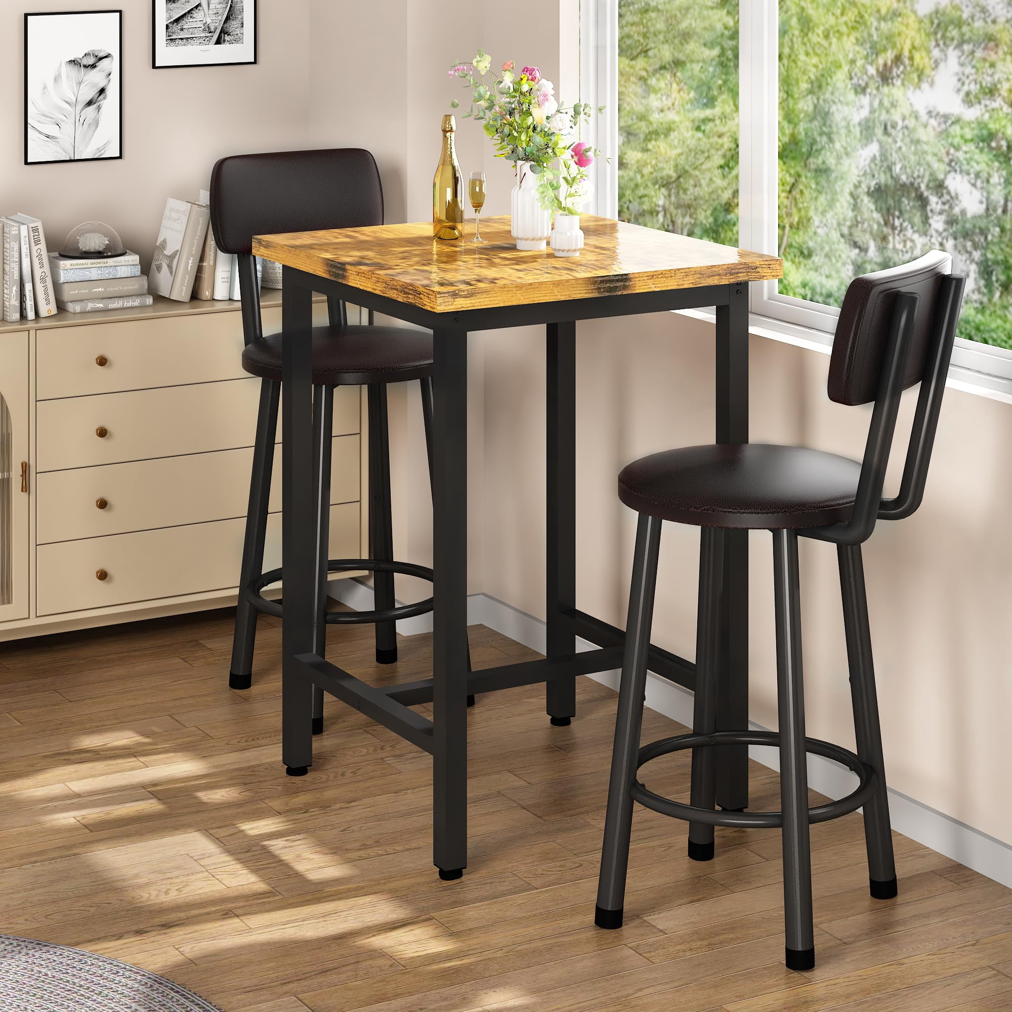 MOOSENG Bar Table Set of 2, Bistro Kitchen Table Sets with 2 PU Leather Bar Stools, Wood Pub Bar Table Set for Breakfast Nook Small Space Restaurant, Square Table