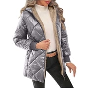 Gpaecead Women Winter Quilted Puffer Jacket Fleece Lined Hood Zip Fleece Coat Padded Long Outerwear Gray