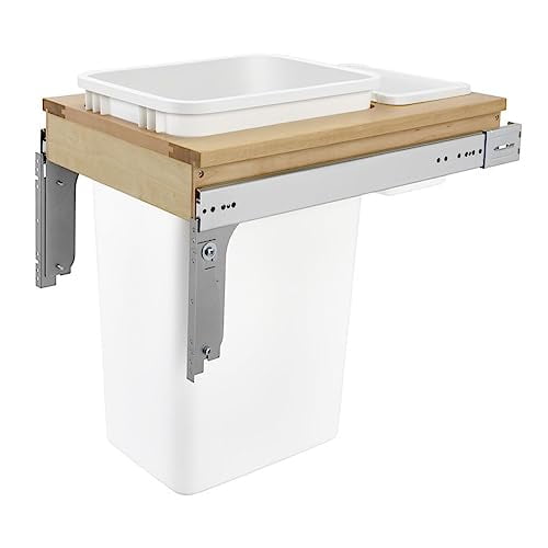 Rev-A-Shelf Single Pull-Out Trash Can for Full Height Kitchen Cabinet 50 Quart 12.5 Gallon, Top Mount 15 Inch Wide, White, 4WCTM-185DM-1