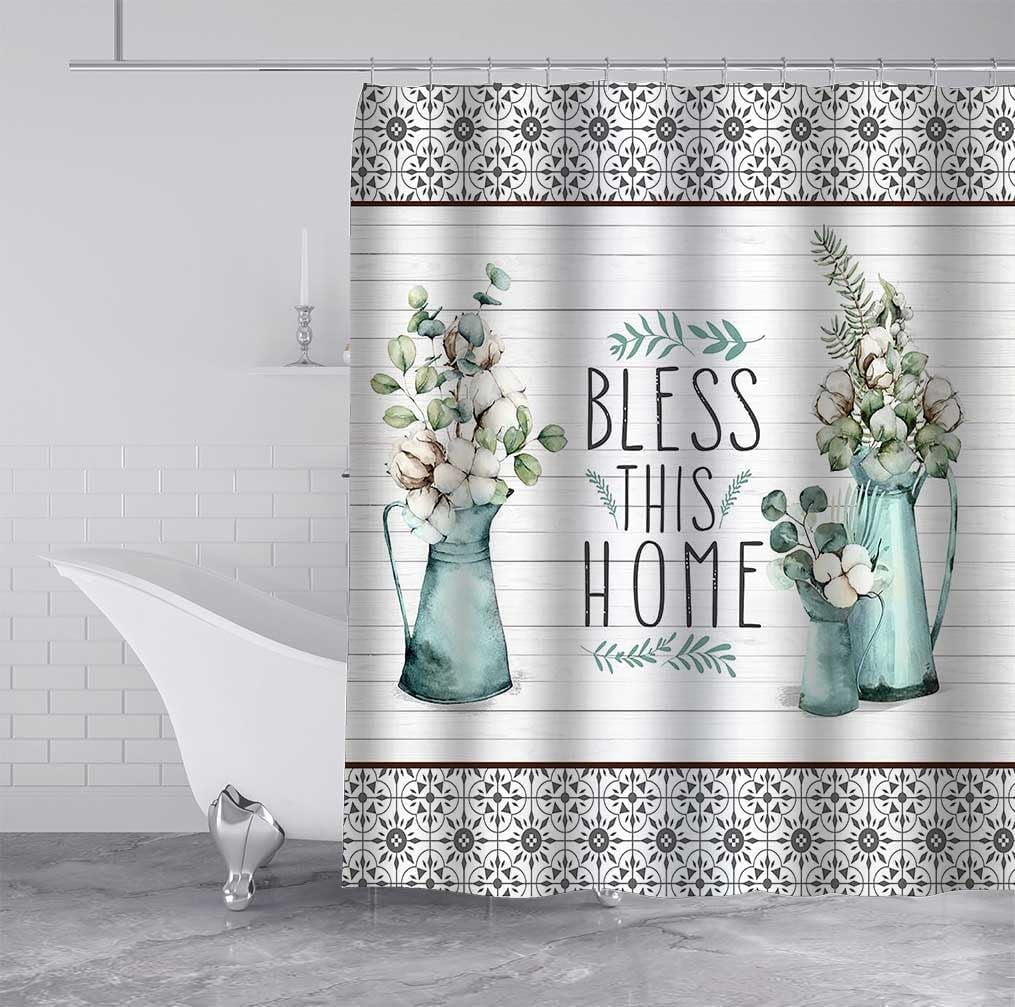 Cotton Flower Shower Curtain, Farmhouse Shower Curtain, Country Flower Eucalyptus Teal Shabby Chic Vase Wooden Barn Rustic Bathroom Decor, Waterproof Fabric White Shower Curtain, 72 X 72 Inch