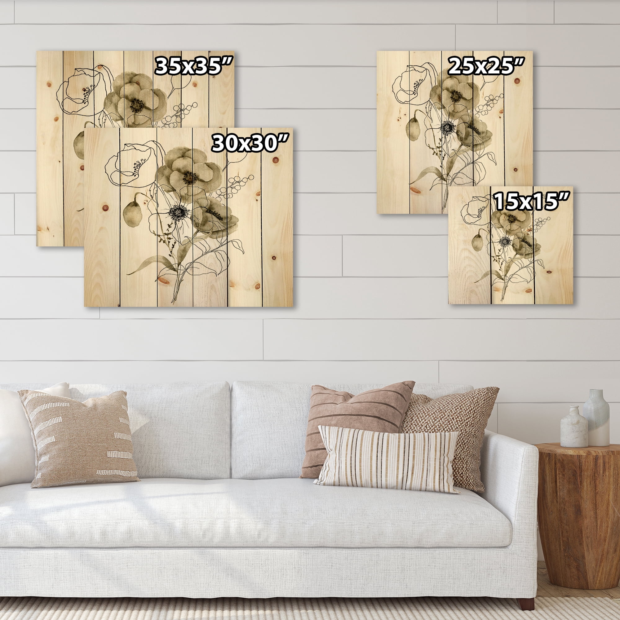 Designart 'Eucalyptus Branches With Anemone Bouquet Flower' Traditional Print on Natural Pine Wood