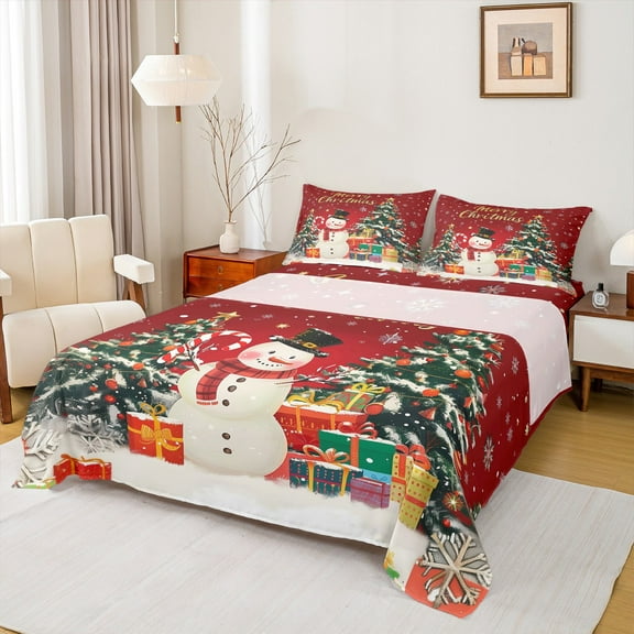 Manfei Kawaii Snowman Twin Sheet Sets 3pcs for Kids, Christmas Tree Gifts Twin Fitted Sheet, Merry Xmas Flat Sheet, Breathable Home Decor