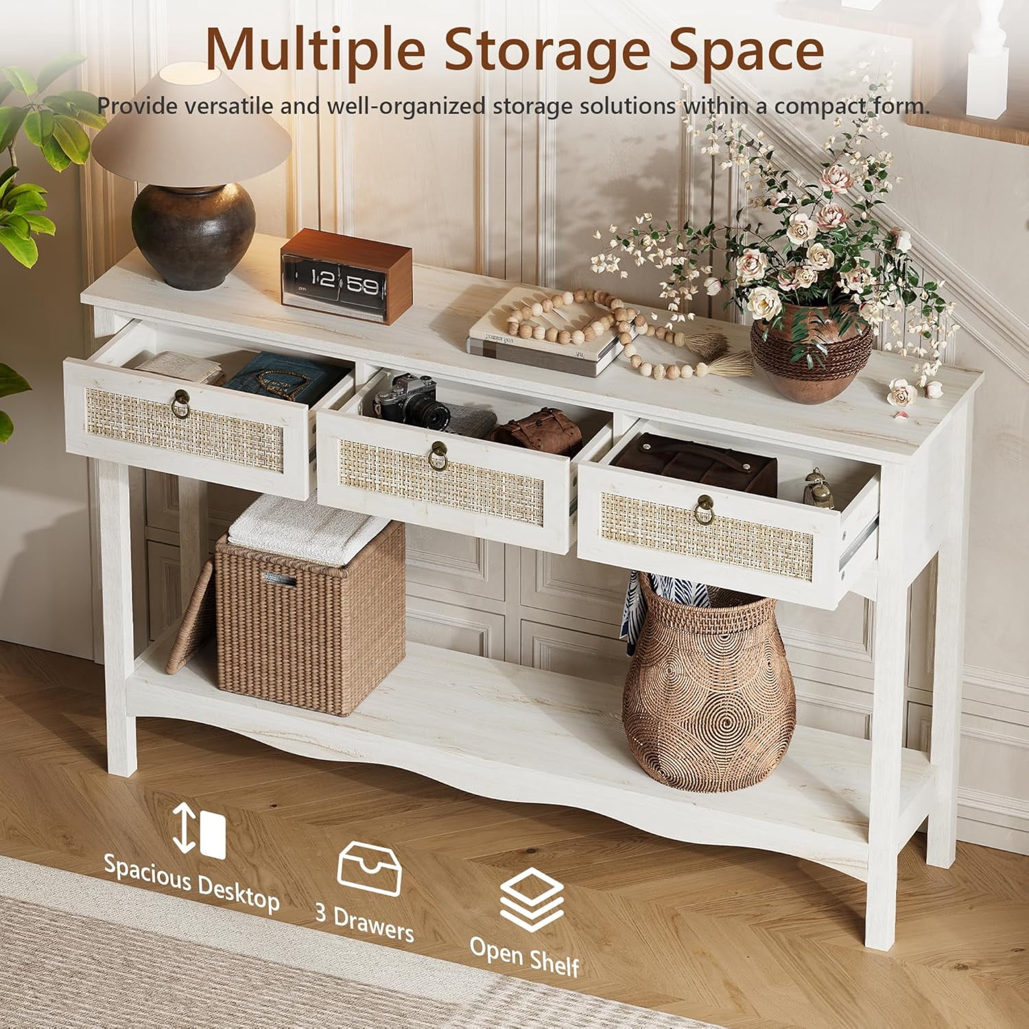 LAZZO 51” Boho Rattan Console Table, Narrow Entryway Table with 3 Drawers & Open Shelf, White