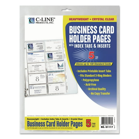 C-Line Business Card Holders With Tabs, 8 1/2" x 11", 3-Hole Punched, Pack Of 10