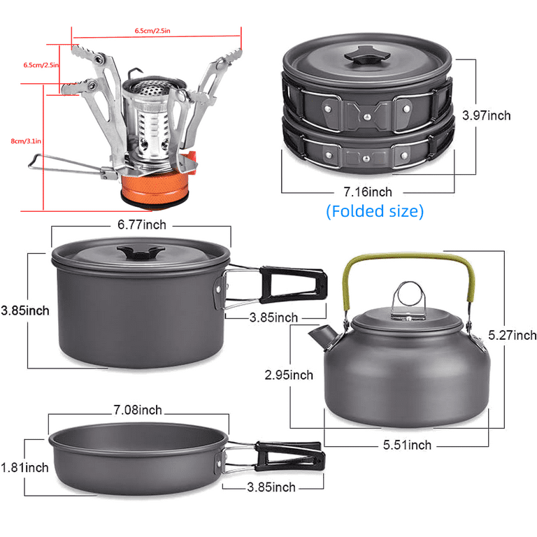 Portable 13pcs Camping Cookware Kit with Mini Stove, Non