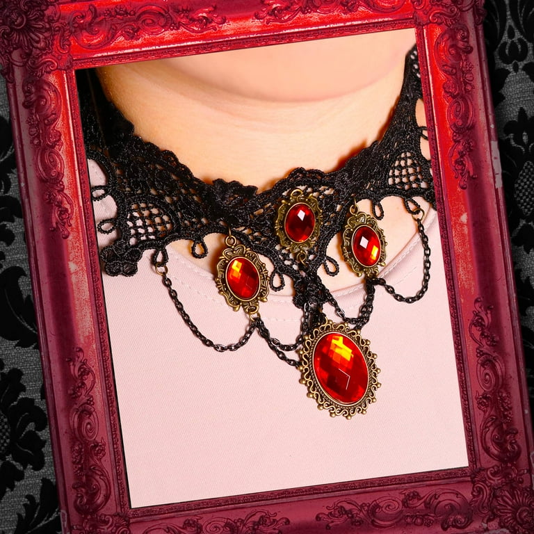 Skeleteen Gothic Vampire Jewelry Set Black Lace Choker with Red