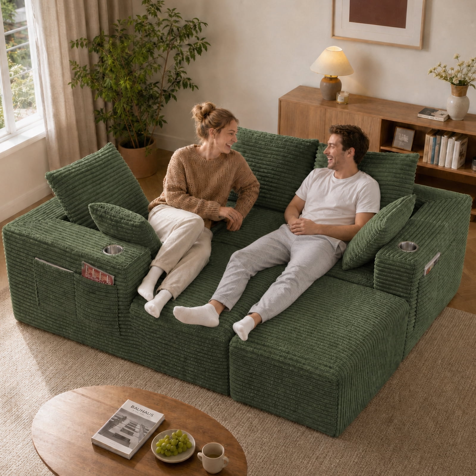95'' 4 Seater Boneless L Shape Modular Sofa Couch with 4 Pillows, 2 Cup Holders and Ottoman