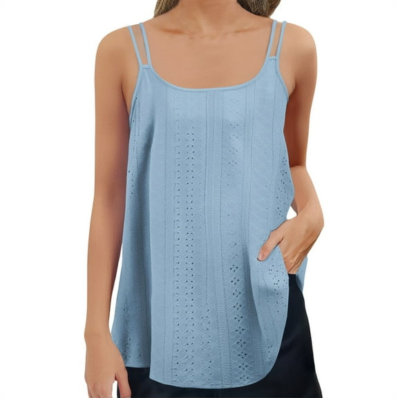Holzkary Womens Tank Tops Eyelet Embroidery Sleeveless Camisole Summer Clothes Scoop Neck Flowy Shirts Summer Tank Tops Embroidery Sleeveless Loose Fit Neck Blouse Cute for Womens Trendy Blue L