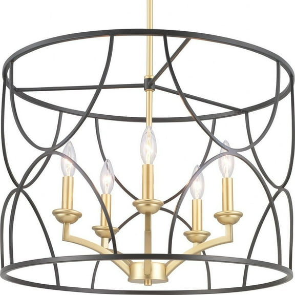 Progress Lighting Landree 5-Light Chandelier, Black Steel, Brushed Brass Inner Cluster, Modern Luxury Style