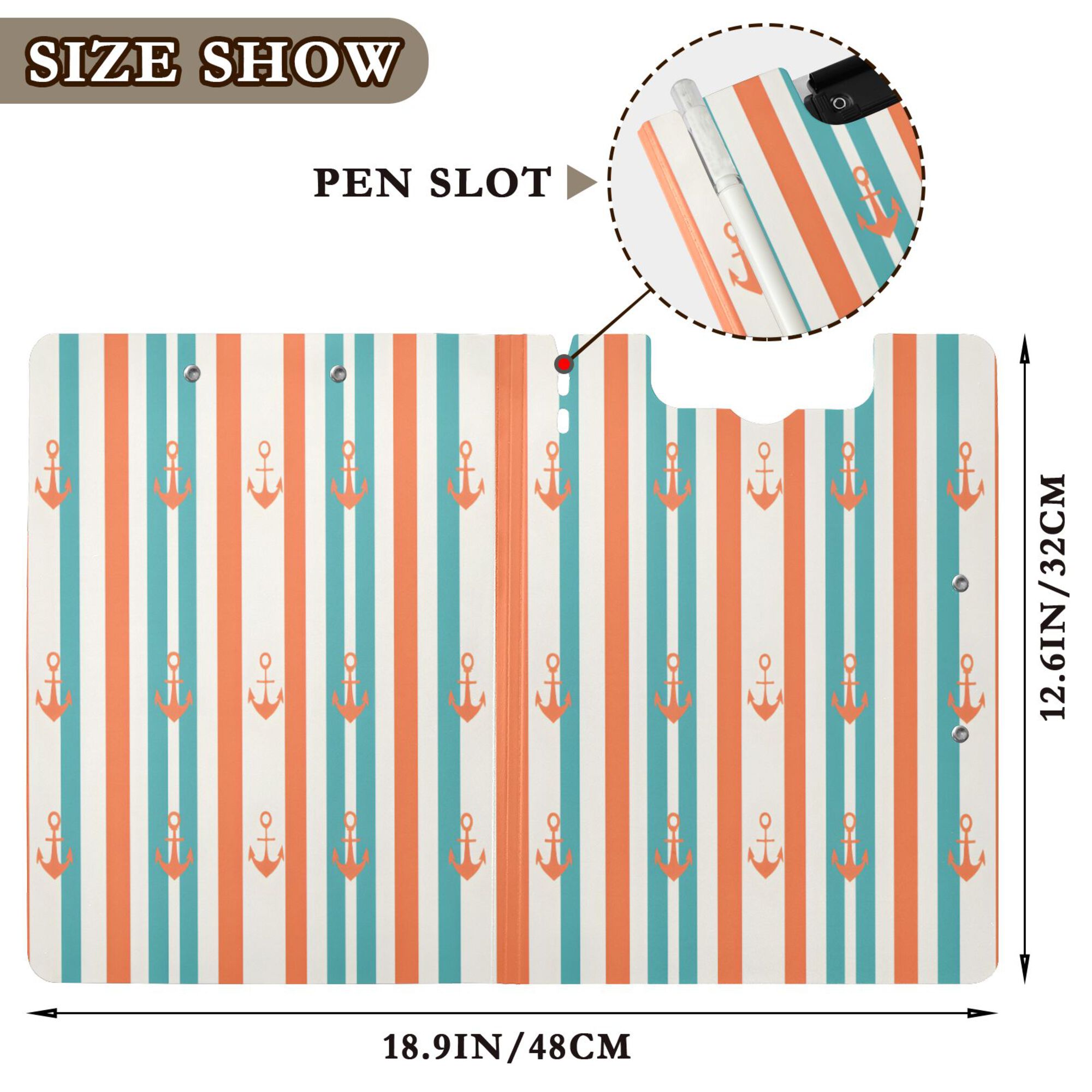 FORMRS A4 Clipboard Folder with Pen Holder Horizontal Foldable School Office Binder, Simple Nautical Pattern