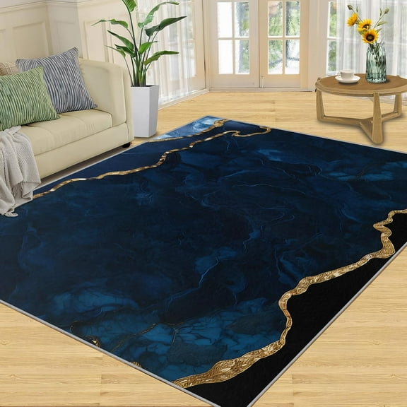Navy Blue Rug 2x3ft, Modern Abstract Gold Entrance Mat, Floor Rug Soft and Breathable with Non-Slip Washable Rug for Office Study Indoor Entryway