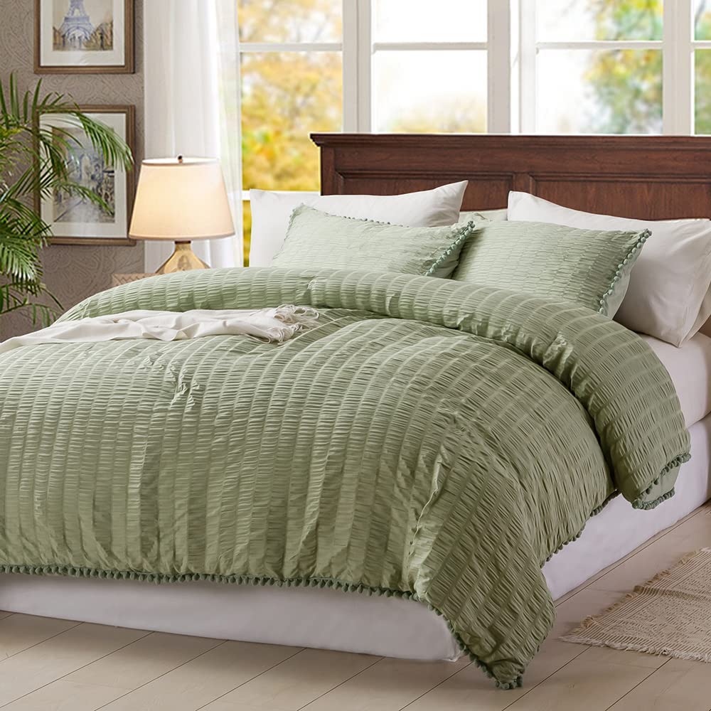 Sage Green Comforter Set King Size, Boho Green Pom Pom Seersucker