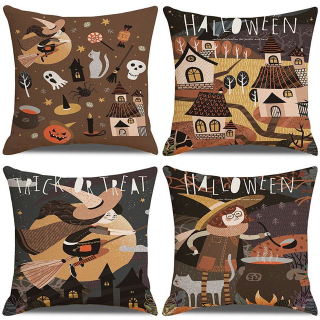 Funda de almohada de gato negro de Halloween, 18.0 x 18.0 in, saludos, bruja, arpillera, funda de cojín, 4 unidades ER