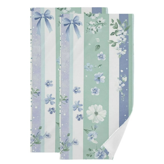 Blue-green Vertical Stripes Florals Leaves Hand Towel Absorbent Bath Towels for Bathroom Sports Gym 28" x 14" Set of 2