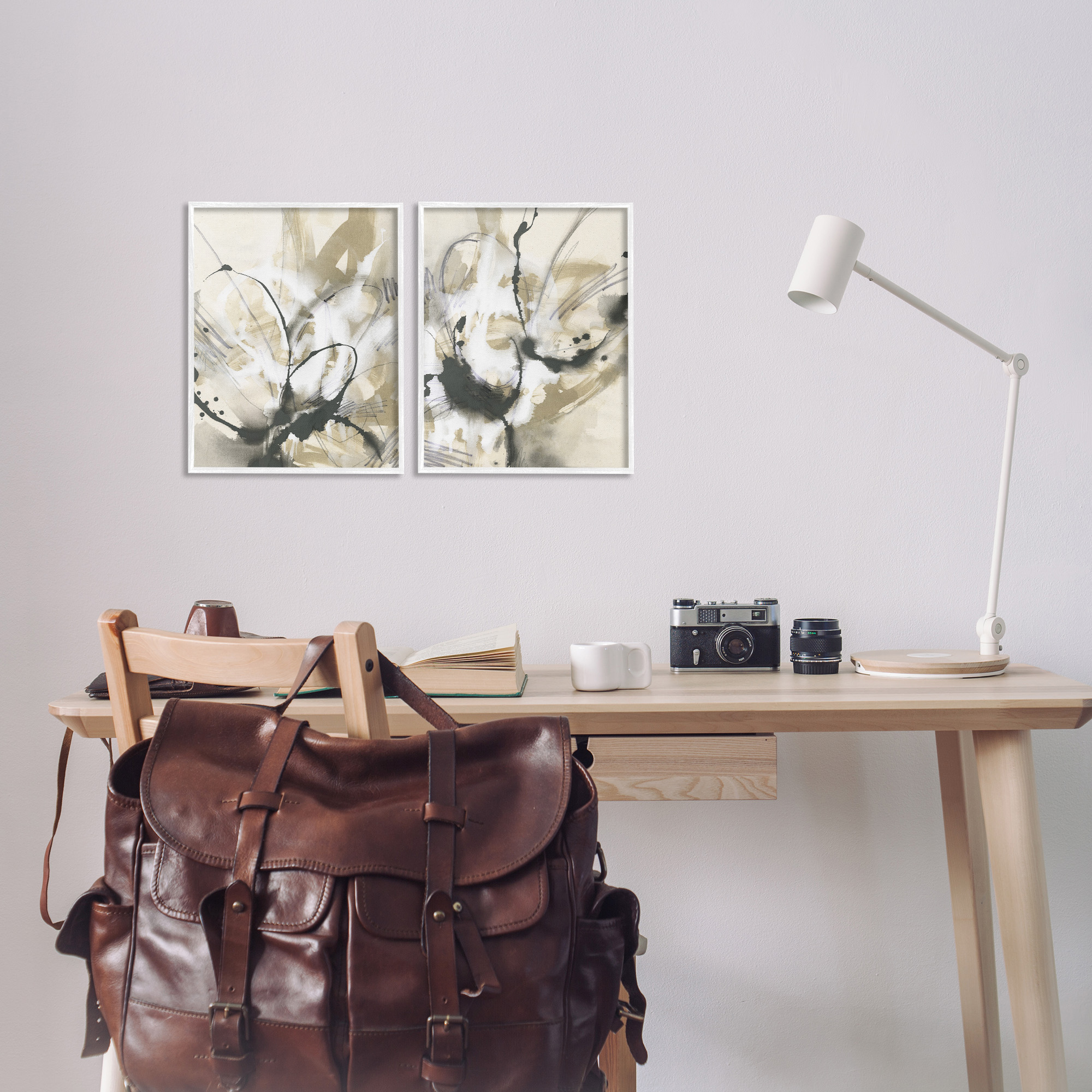 Stupell Industries Beige & Black Splatter Abstract Painting White Framed Art Print Wall Art, 11 x 14, Set of 2