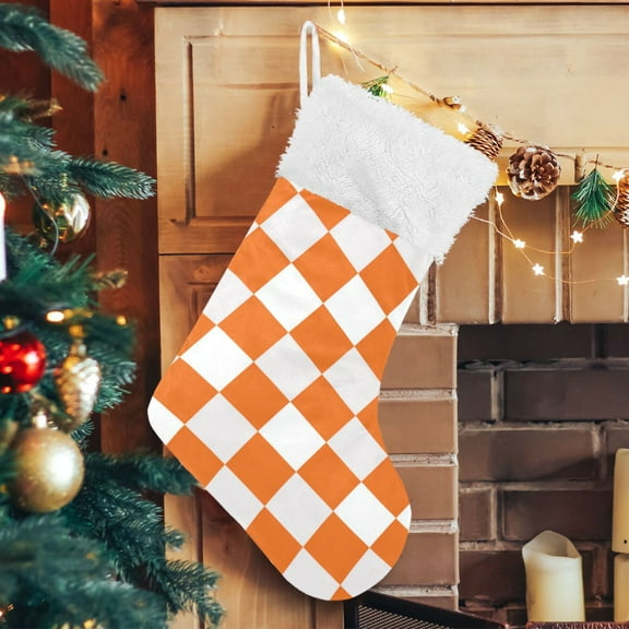 RMDQTR Christmas Stockings for Xmas Gifts - Large Size Festive Holiday Decor for Family Orange Checkerboard