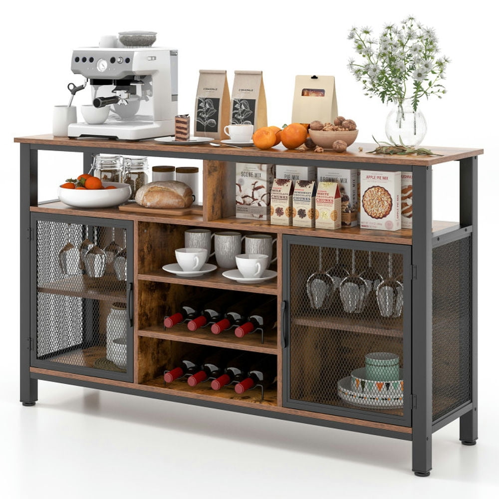 Finihen Kitchen Storage Cabinet, Buffet Sideboard, 55-Inch Buffet Sideboard with 8-Bottle Wine Racks and Wine Glass Holders, for Dining Room, Kitchen, Living Room, Rustic Brown Finihen Kitchen Storage Cabinet, Buffet Sideboard, 55-Inch Buffet Sideboard with 8-Bottle Wine Racks and Wine Glass Holders, for Dining Room, Kitchen, Living Room, Rustic Brown