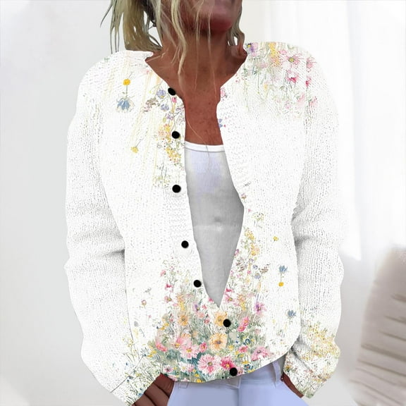 VOONCAS Womens Soft Acrylic Open Front Cardigan - White Floral Print, Long Sleeve Round Neck, S-XXXXXL Plus Size, Casual Bohemian Light Layer for Spring/Autumn,Size S