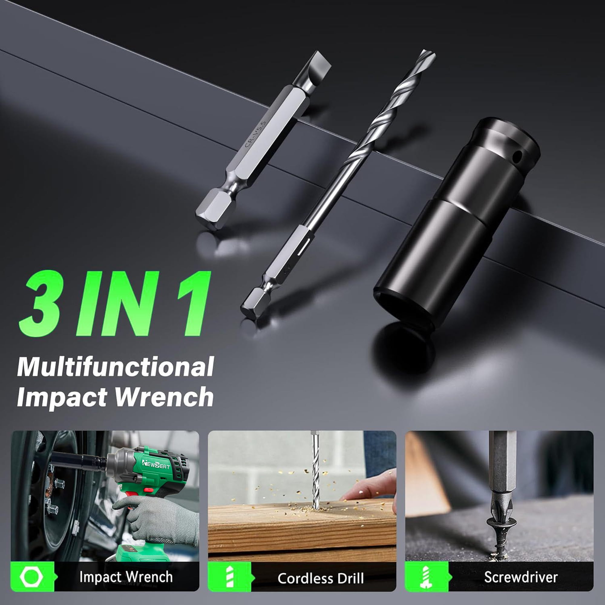 NEWBEAT Cordless Impact Wrench Set, 1/2 inch Impact Gun, 550 N.m Torque, 21V Brushless, 2400 RPM Variable Speeds for Car Home DIY, Tire Removal Tool