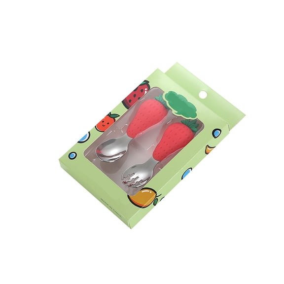 2-Piece Baby Fork and Spoon Set Stainless Steel Silicone Handles Self Feeding Toddler Silverware Drop Resistant Travel Case for Boys Girls Strawberry